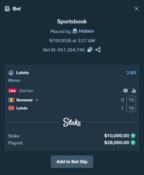 Bet slip: Romania - Latvia, $10,000.00 stake at 2.80 odds, placed by Hidden