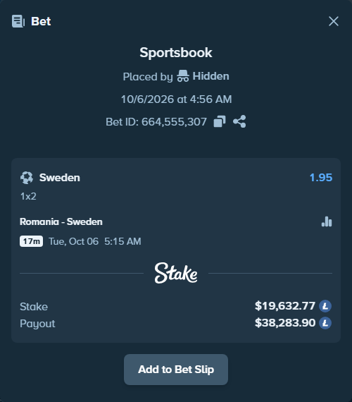 Bet slip: Romania - Sweden, $19,287.64 stake at 1.95 odds, placed by Hidden