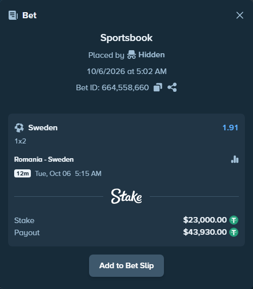 Bet slip: Romania - Sweden, $23,000.00 stake at 1.91 odds, placed by jarosbet