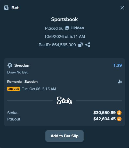 Bet slip: Romania - Sweden, $30,657.69 stake at 1.39 odds, placed by Hidden