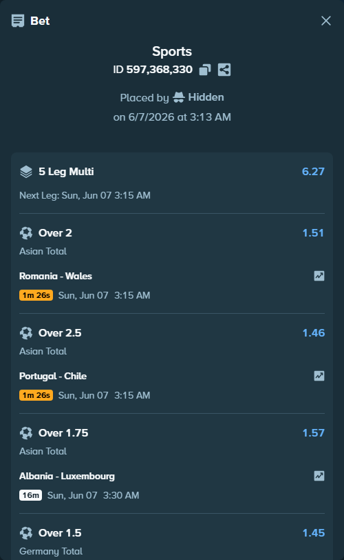 Bet slip: Romania - Wales, $10,003.00 stake at 1.51 odds, placed by Hidden