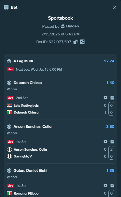 Bet slip: Romano, Filippo - Galan, Daniel Elahi, $10,000.00 stake at 1.35 odds, placed by Hidden