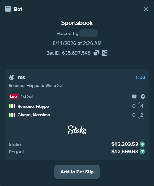 Bet slip: Romano, Filippo - Giunta, Massimo, $12,215.73 stake at 1.03 odds, placed by RyazheniyPetuh