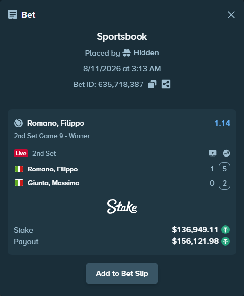 Bet slip: Romano, Filippo - Giunta, Massimo, $137,086.06 stake at 1.14 odds, placed by Hidden