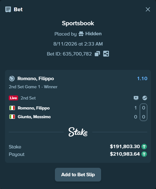 Bet slip: Romano, Filippo - Giunta, Massimo, $191,995.11 stake at 1.10 odds, placed by Hidden