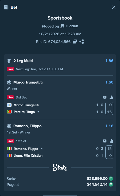 Bet slip: Romano, Filippo - Jianu, Filip Cristian, $24,023.00 stake at 1.16 odds, placed by Hidden