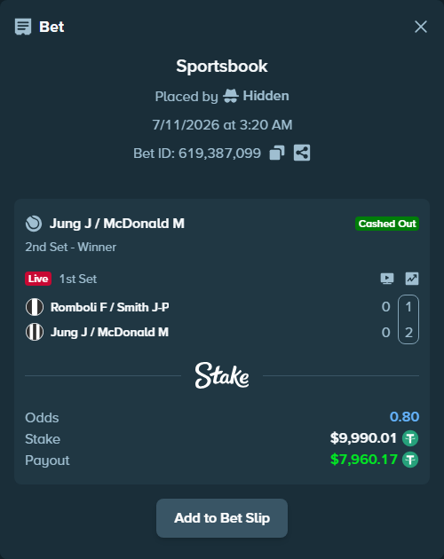 Bet slip: Romboli F / Smith J-P - Jung J / McDonald M, $10,000.00 stake at 2.25 odds, placed by Hidden