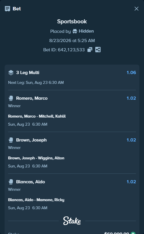 Bet slip: Romero, Marco - Mitchell, Kahlil, $60,000.00 stake at 1.02 odds, placed by Hidden