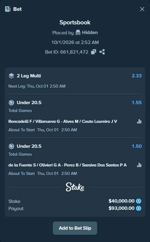 Bet slip: Roncadelli F / Villanueva G - Alves M / Couto Loureiro J V, $40,000.00 stake at 1.55 odds, placed by Hidden