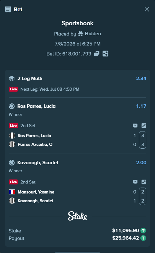 Bet slip: Ros Parres, Lucia - Parres Azcoitia, O, $11,107.00 stake at 1.17 odds, placed by Hidden