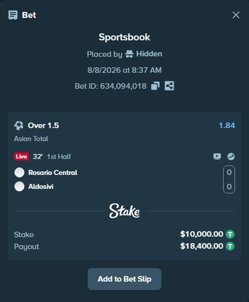 Bet slip: Rosario Central - Aldosivi, $10,010.00 stake at 1.84 odds, placed by Hidden