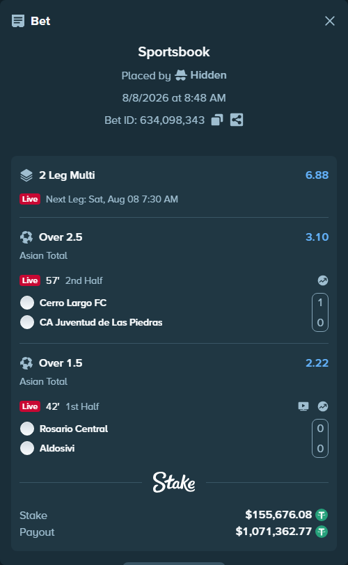 Bet slip: Rosario Central - Aldosivi, $155,831.75 stake at 2.22 odds, placed by Hidden