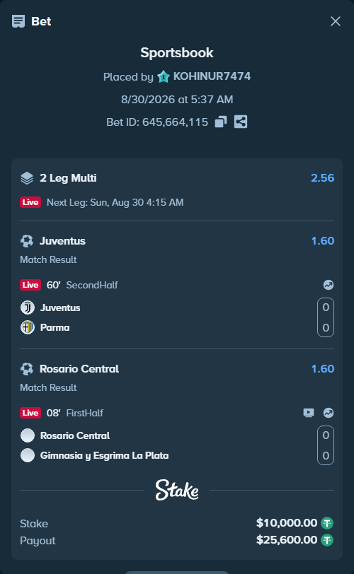 Bet slip: Rosario Central - Gimnasia La Plata, $10,000.00 stake at 1.60 odds, placed by KOHINUR7474