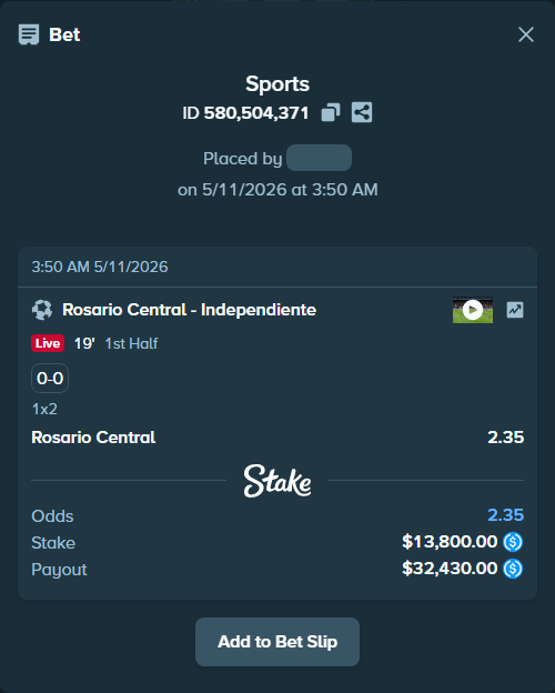 Bet slip: Rosario Central - Independiente, $13,800.00 stake at 2.35 odds, placed by TheEarlinGrey