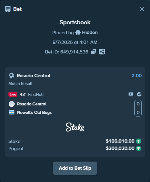 Bet slip: Rosario Central - Newells, $100,000.00 stake at 2.00 odds, placed by Hidden