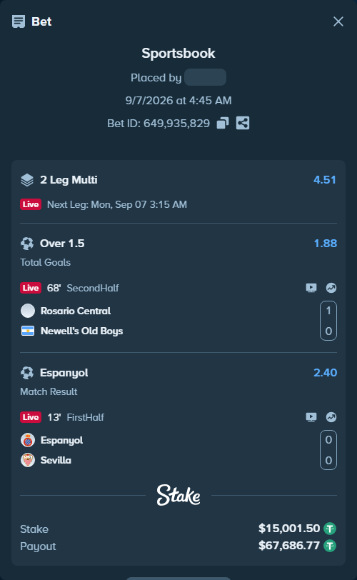 Bet slip: Rosario Central - Newells, $15,000.00 stake at 1.88 odds, placed by KOHINUR7474