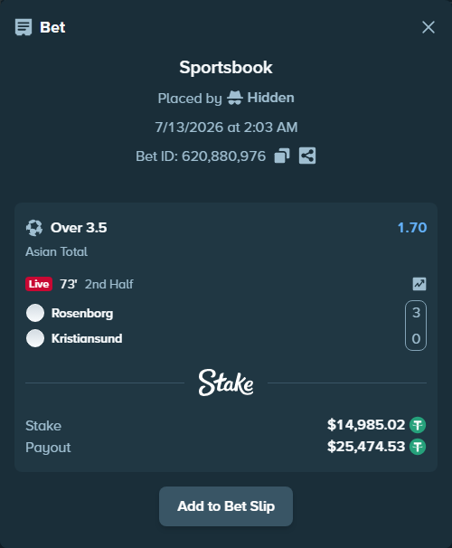 Bet slip: Rosenborg - Kristiansund, $15,000.00 stake at 1.70 odds, placed by Hidden