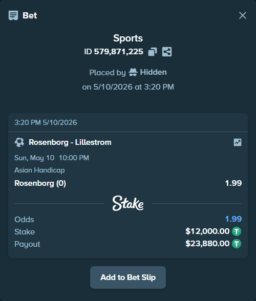 Bet slip: Rosenborg - Lillestrom, $12,000.00 stake at 1.99 odds, placed by Hidden