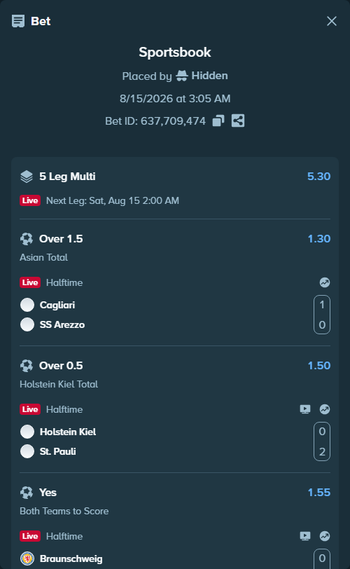 Bet slip: Rosenborg - Viking, $35,302.17 stake at 1.35 odds, placed by Hidden
