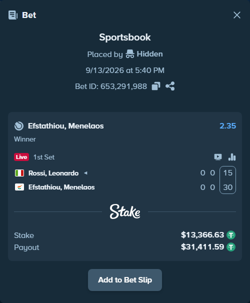 Bet slip: Rossi, Leonardo - Efstathiou, Menelaos, $13,380.00 stake at 2.35 odds, placed by Hidden