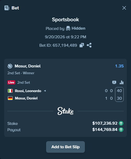 Bet slip: Rossi, Leonardo - Masur, Daniel, $107,344.15 stake at 1.35 odds, placed by Hidden