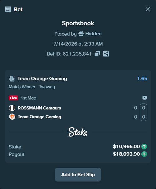 Bet slip: ROSSMANN Centaurs - Team Orange Gaming, $10,976.97 stake at 1.65 odds, placed by Hidden