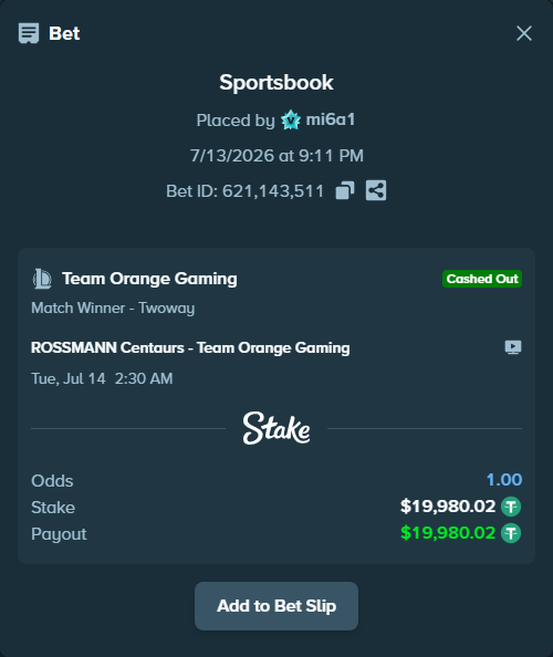Bet slip: ROSSMANN Centaurs - Team Orange Gaming, $20,000.00 stake at 1.72 odds, placed by mi6a1