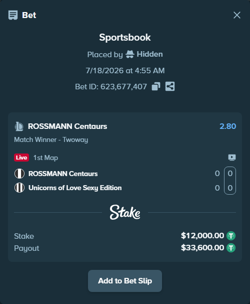 Bet slip: ROSSMANN Centaurs - Unicorns of Love Sexy Edition, $12,000.00 stake at 2.80 odds, placed by Hidden