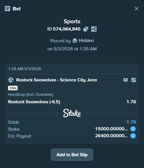 Bet slip: Rostock Seawolves - Medipolis SC Jena, $15,000.00 stake at 1.76 odds, placed by Hidden