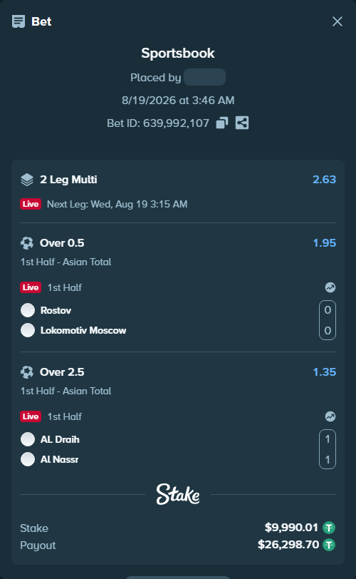 Bet slip: Rostov - Lokomotiv Moscow, $10,000.00 stake at 1.95 odds, placed by tlwns4736