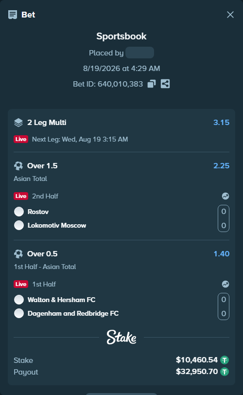 Bet slip: Rostov - Lokomotiv Moscow, $10,471.00 stake at 2.25 odds, placed by tlwns4736