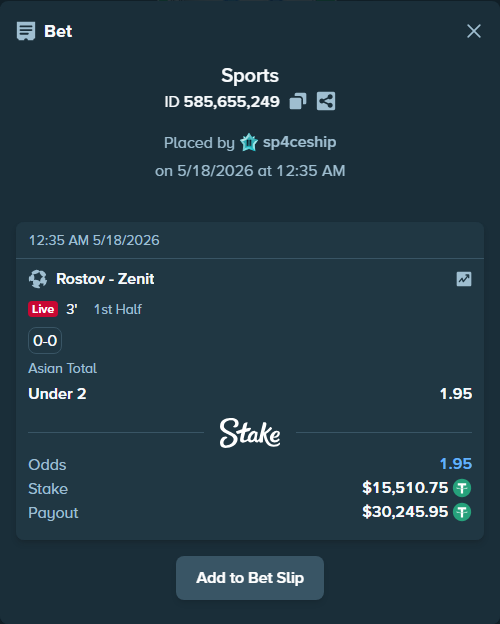 Bet slip: Rostov - Zenit, $15,510.75 stake at 1.95 odds, placed by sp4ceship