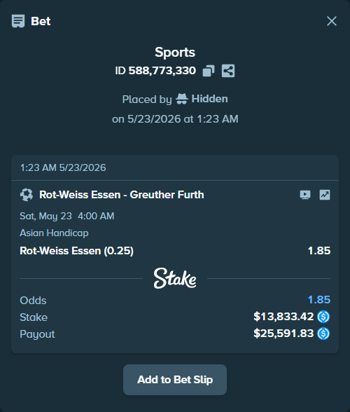 Bet slip: Rot-Weiss Essen - Greuther Furth, $13,833.42 stake at 1.85 odds, placed by Hidden