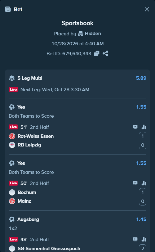 Bet slip: Rot-Weiss Essen - RB Leipzig, $22,335.31 stake at 1.55 odds, placed by Hidden