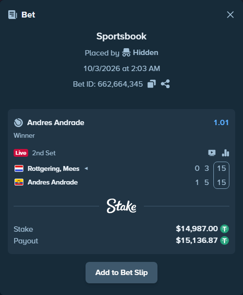 Bet slip: Rottgering, Mees - Andres Andrade, $14,987.00 stake at 1.01 odds, placed by Hidden