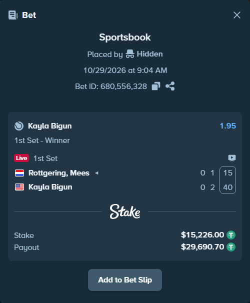 Bet slip: Rottgering, Mees - Kayla Bigun, $15,241.23 stake at 1.95 odds, placed by Hidden