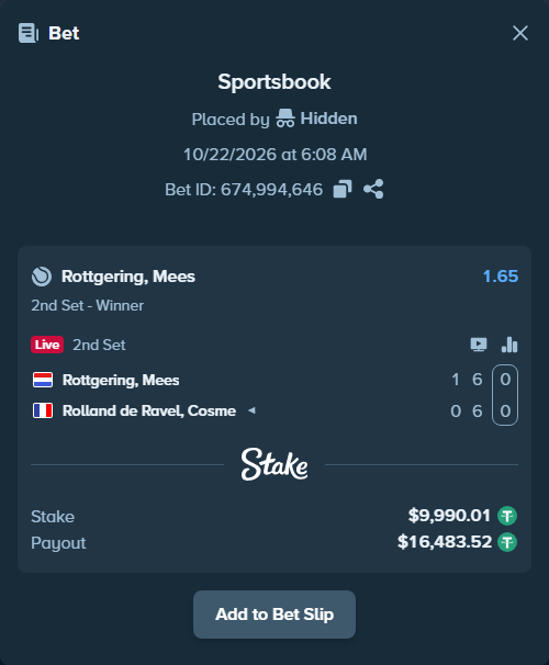 Bet slip: Rottgering, Mees - Rolland de Ravel, Cosme, $10,000.00 stake at 1.65 odds, placed by WinTr10