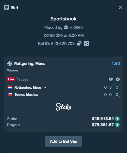 Bet slip: Rottgering, Mees - Tomas Machac, $49,913.54 stake at 1.60 odds, placed by Hidden