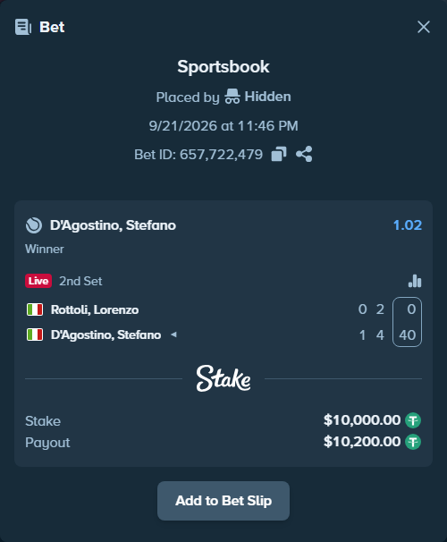 Bet slip: Rottoli, Lorenzo - D`Agostino, Stefano, $10,000.00 stake at 1.02 odds, placed by Hidden