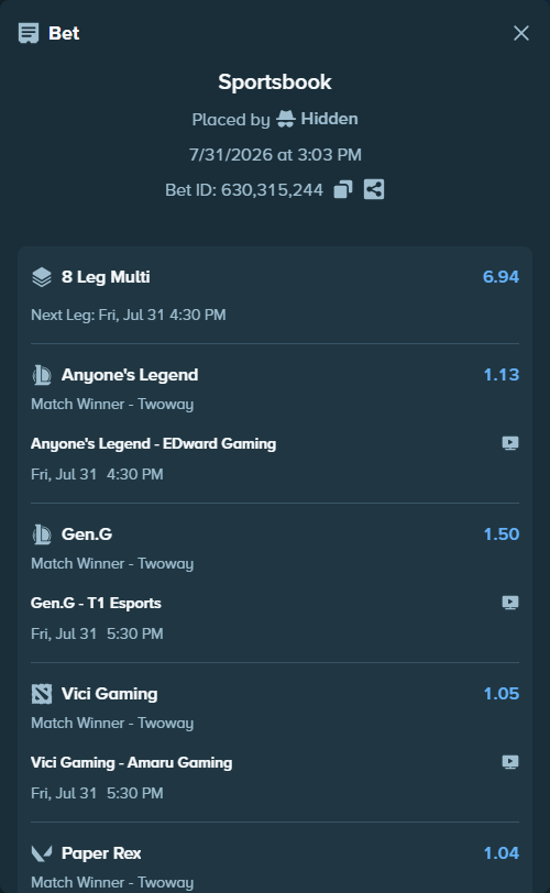Bet slip: ROUNDS - BC.Game, $13,043.00 stake at 1.04 odds, placed by Hidden