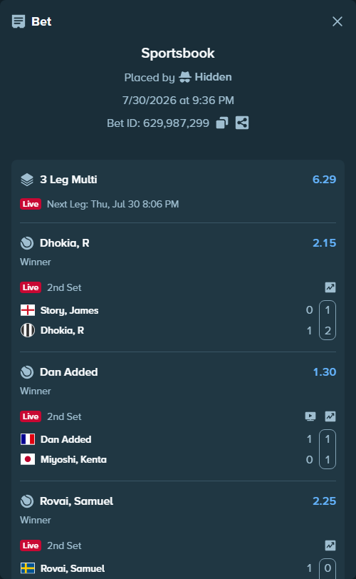 Bet slip: Rovai, Samuel - Munkhammar, Patrik, $10,336.00 stake at 2.25 odds, placed by Hidden
