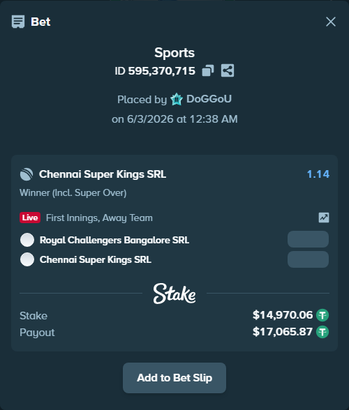 Bet slip: Royal Challengers Bangalore SRL - Chennai Super Kings SRL, $15,000.00 stake at 1.14 odds, placed by DoGGoU