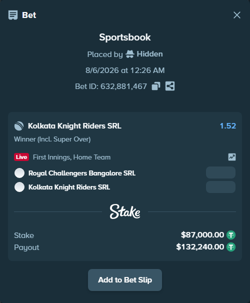 Bet slip: Royal Challengers Bangalore SRL - Kolkata Knight Riders SRL, $87,087.00 stake at 1.52 odds, placed by Hidden
