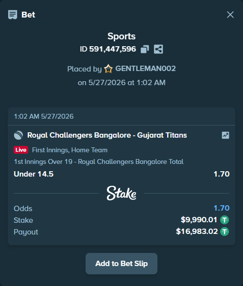 Bet slip: Royal Challengers Bengaluru - Gujarat Titans, $10,000.00 stake at 1.70 odds, placed by GENTLEMAN002