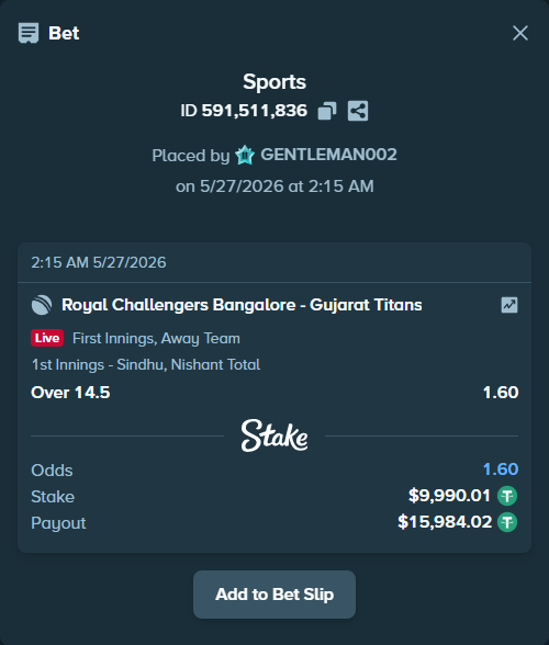 Bet slip: Royal Challengers Bengaluru - Gujarat Titans, $10,000.00 stake at 1.60 odds, placed by GENTLEMAN002