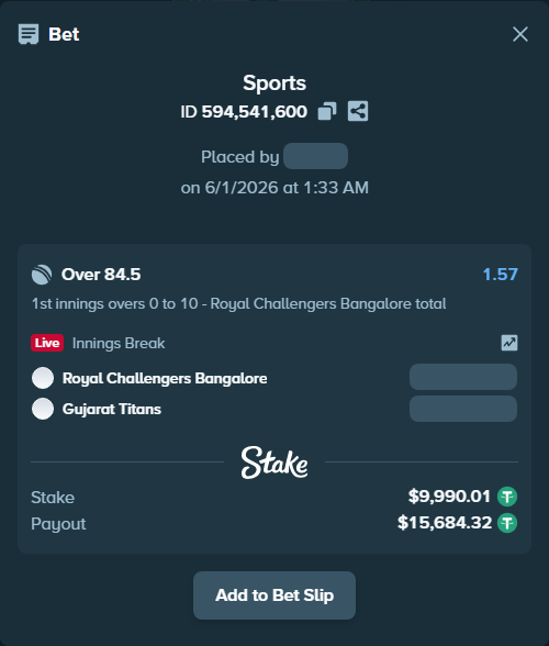 Bet slip: Royal Challengers Bengaluru - Gujarat Titans, $10,000.00 stake at 1.57 odds, placed by amitcbtf37