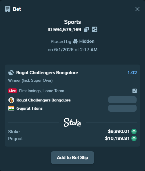 Bet slip: Royal Challengers Bengaluru - Gujarat Titans, $10,000.00 stake at 1.02 odds, placed by Hidden