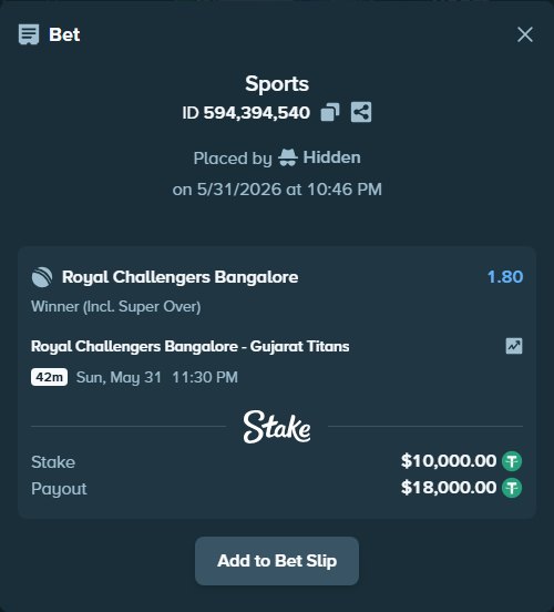 Bet slip: Royal Challengers Bengaluru - Gujarat Titans, $10,010.00 stake at 1.80 odds, placed by Hidden