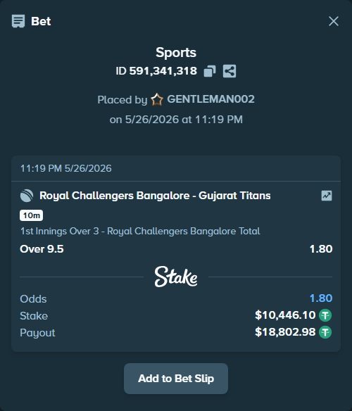 Bet slip: Royal Challengers Bengaluru - Gujarat Titans, $10,456.55 stake at 1.80 odds, placed by GENTLEMAN002