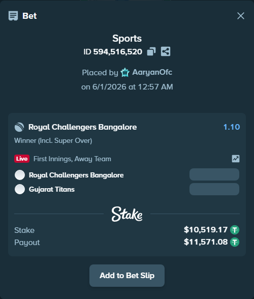 Bet slip: Royal Challengers Bengaluru - Gujarat Titans, $10,529.69 stake at 1.10 odds, placed by AaryanOfc